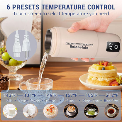 Travel Electric Kettle, Balabulala Portable Water Boiler with 6 Variable Presets,Small Electric Kettle With Silicone Base Cover to Prevent water, Boil Dry Protection,14oz