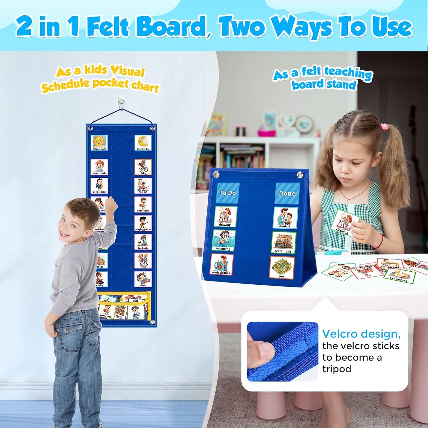 KIKIGOAL Kids Visual Schedule Calendar Chart, 2 in 1 Autism Daily Chore Routine Chart with 96 Cards Autism Learning Materials Bedtime Routine for Toddlers Home School