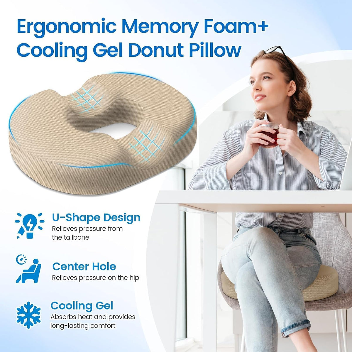 Donut Pillow Seat Cushion, Cooling Gel Memory Foam Chair Cushion, Black
