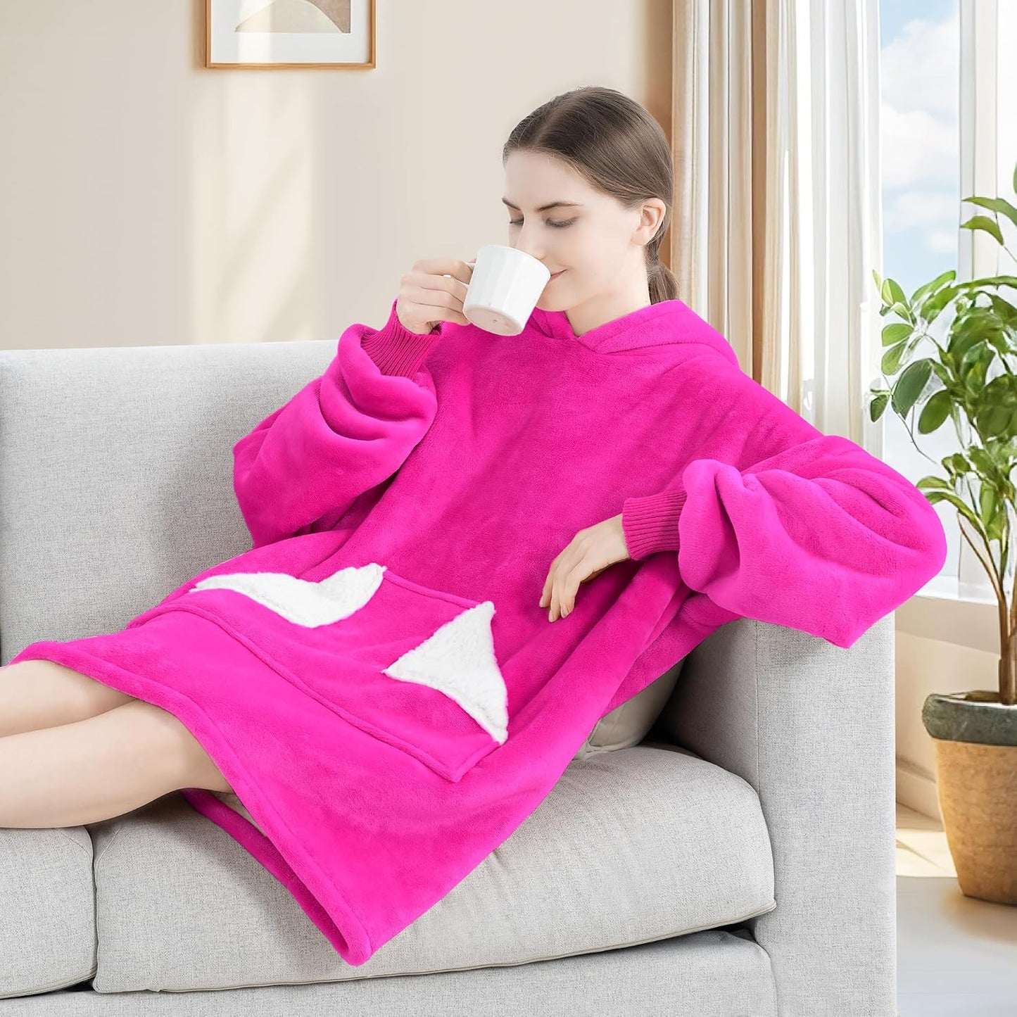 Wearable Blanket Hoodie, Oversized Sherpa Fleece Sweatshirt Blanket with Giant Hood Pocket and Sleeves for Adult, Warm & Cozy Grey Blanket Gifts for Women