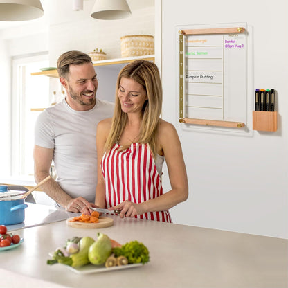 Yeoux Clear Glass Golden Weekly & Menu Dry Erase Calendar Board 15“x11 | Wall Mount, Non-Magnetic, Meal Planning & Grocery Shopping List Whiteboard for Kitchen & Home, 4 Markers
