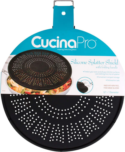 XL 11.5" Silicone Splatter Screen Shield- Multi Use Cover w Foldable Handle | Features Built in Water Strainer, Protect from Oil, Grease with Shield Guard- Fits Most Kitchen Frying Pans, Heat Resistant