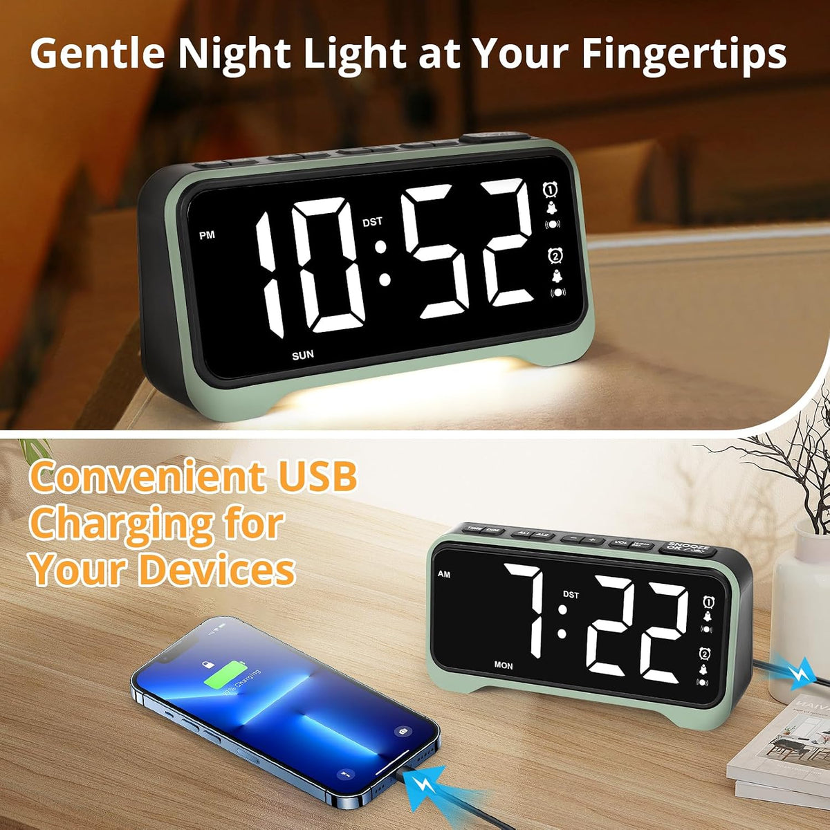 Vibrating Alarm Clock for Heavy Sleepers, 3-Level Bed Shaker, Dual Alarms