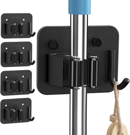 4 Pack Stainless Steel Mop and Broom Holder Wall Mount with Hook, Silver | Screw Drilling or Self Adhesive Storage Rack for Closet Laundry Garage Garden Tool Organizer