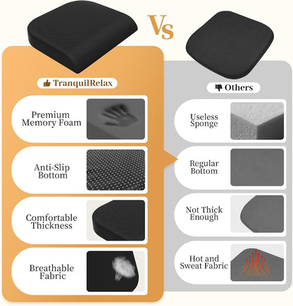 TranquilRelax Memory Foam Seat Cushion for Office Chair, 3-Inch, Black | Medium-firm Support for Long Sitting, Washable Mesh Cover, Non-slip Base, Perfect for Car Seats & Short Drivers