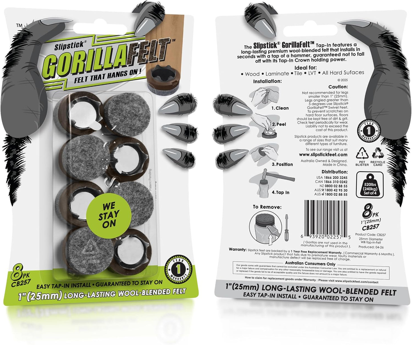 Slipstick Gorilla Felt Furniture Pads (189 Piece Variety Pack) Premium Furniture Pads & Chair Leg Floor Protectors for Hardwood Floors & Hard Surfaces