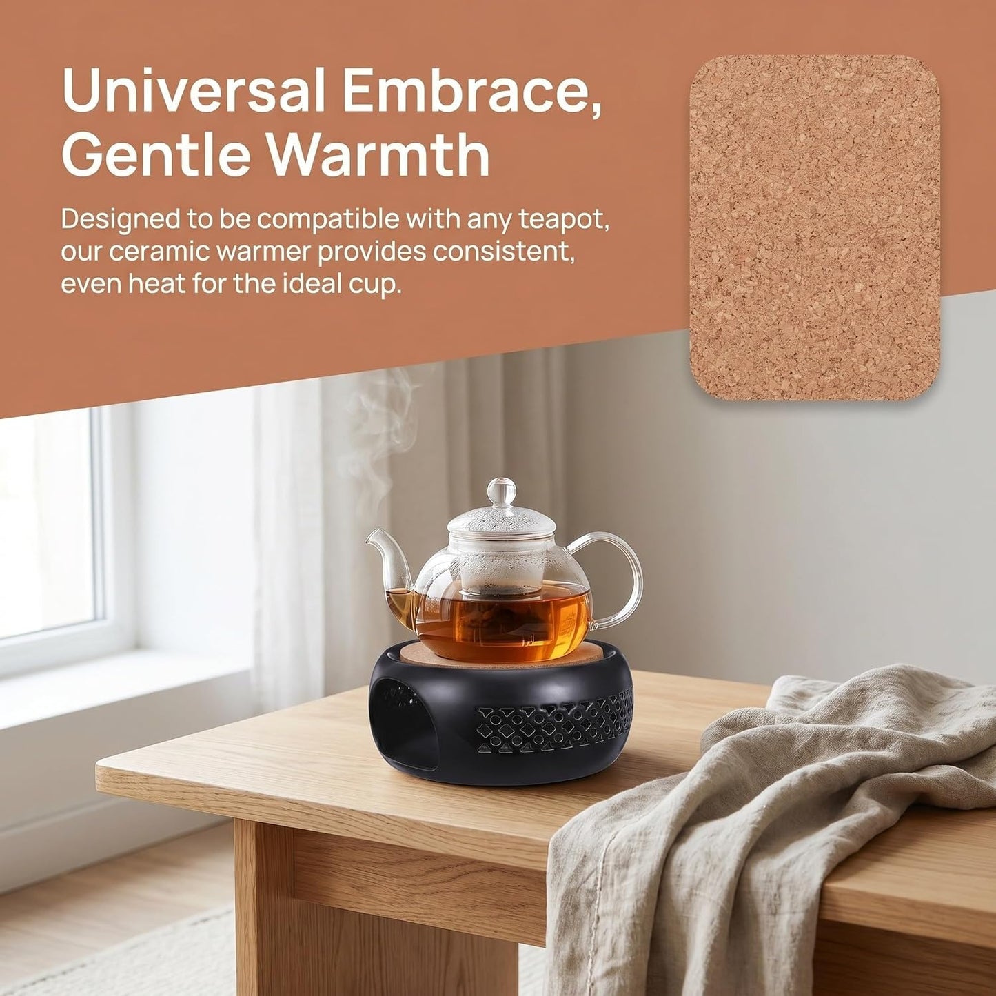 Ceramic Teapot Warmer Tea Pot Heater Stand Portable Round Cork Mat Multipurpose Beverage Warmer Protecting Table Surfaces for Coffee Pot and Soup for Office and Travel Use