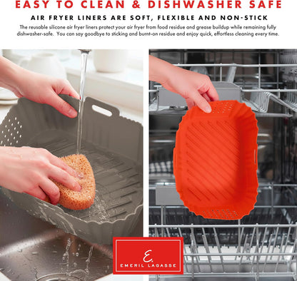 Reusable Silicone Air Fryer Liners for Emeril Lagasse Air Fryer Oven – Non-Stick Reusable Air Fryer Basket Liners – Dishwasher Safe – 9 x 7 x 3 Inch – 2 Pack – Black/Red