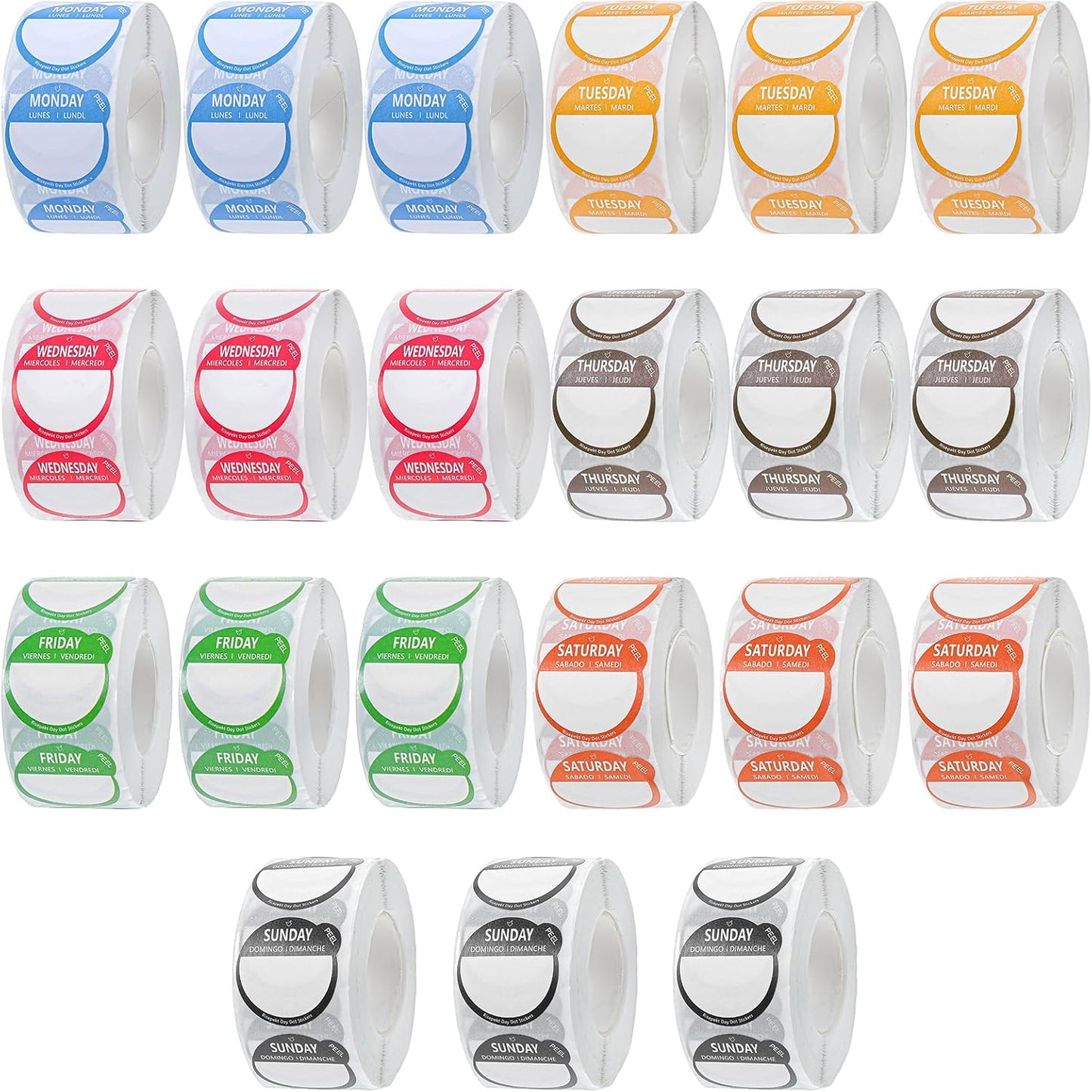 10,500 Pcs Day Dots Food Labels, Removable Date Stickers for Kitchen & Inventory, 21 Rolls Color-Coded Days of The Week Stickers for Containers & Meal Prep (1 Inch)