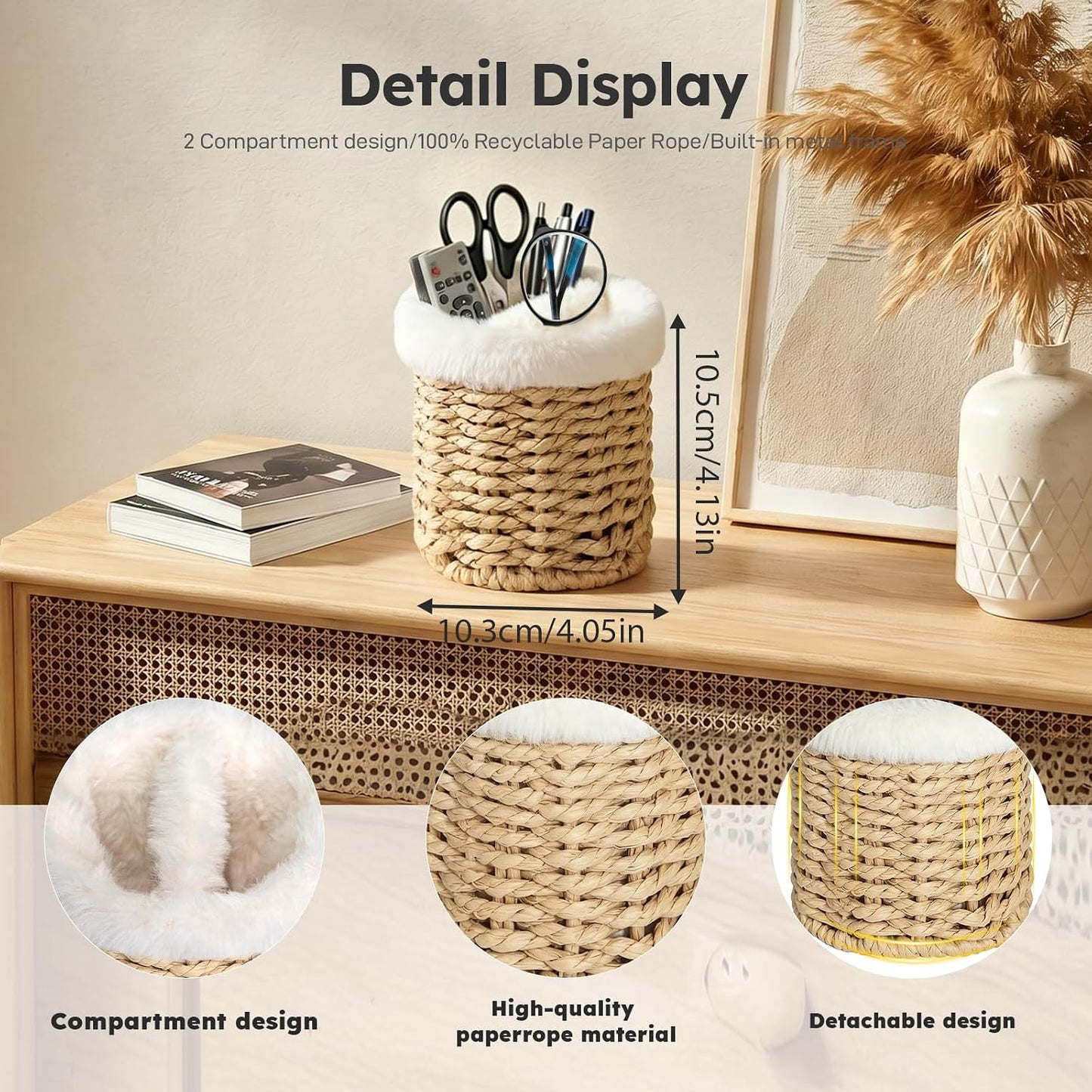 Glasses Holder, 2 Compartment Plush Lined Eyeglass Holder Paper Rope Eye-glasses Storage Organizer for Nightstand