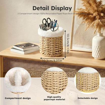 Glasses Holder, 2 Compartment Plush Lined Eyeglass Holder Paper Rope Eye-glasses Storage Organizer for Nightstand