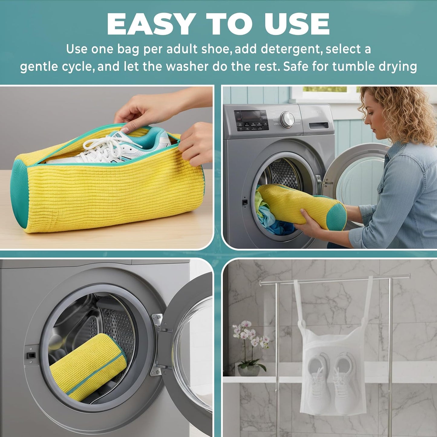 Shoe Washing Machine Bag 3PCS – Laundry Shoes Bag for Washer & Dryer | Reusable Shoe Cleaning Bag, 360° Deep Microfiber Clean,Self-Locking Zipper