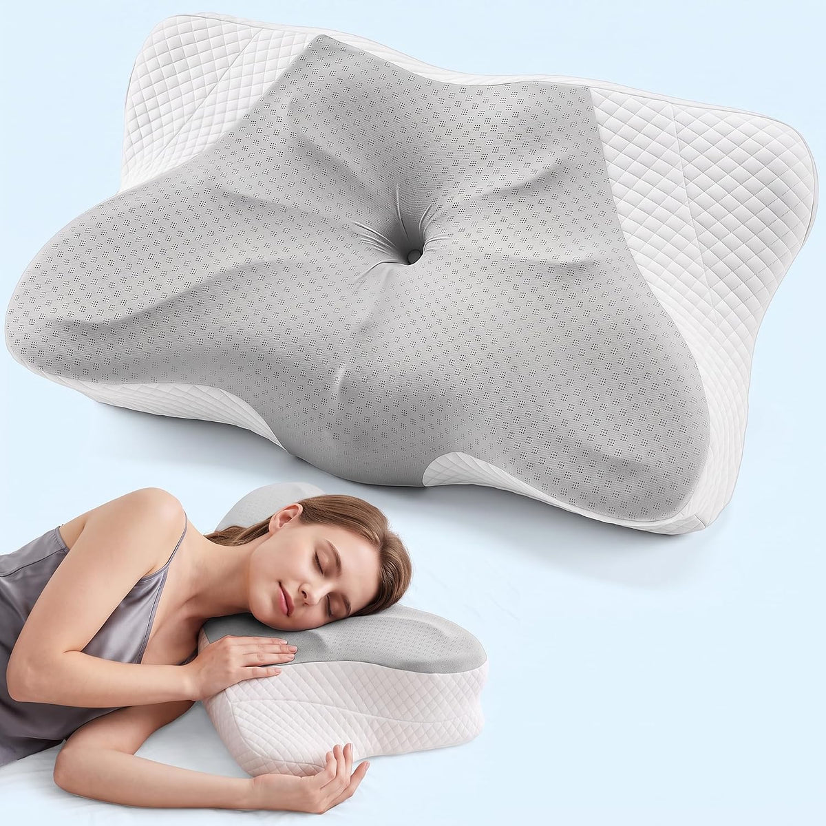 Sweetcrispy Cervical Pillow for Neck and Shoulder - Ergonomic Memory Foam Pillows, Contour Side Sleeper for Adults, Cooling Orthopedic Neck Support for Back Stomach Sleepers, White