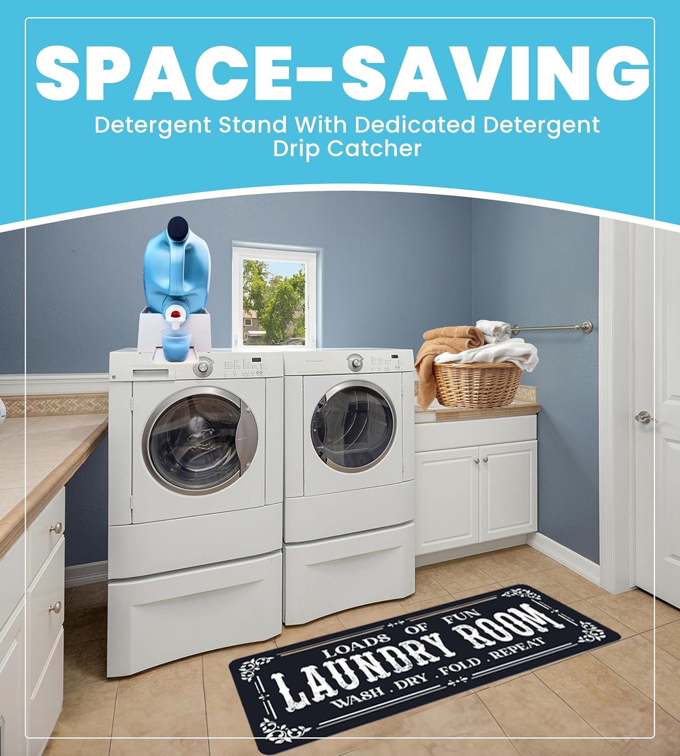 TidyFriend No-Spill Liquid Laundry Detergent Dispenser Holder, Laundry Soap Dispenser Holder with Drip Tray for Laundry Room Organization, Angled Downward Slope for Easy Pouring (No Strap, Ivory)