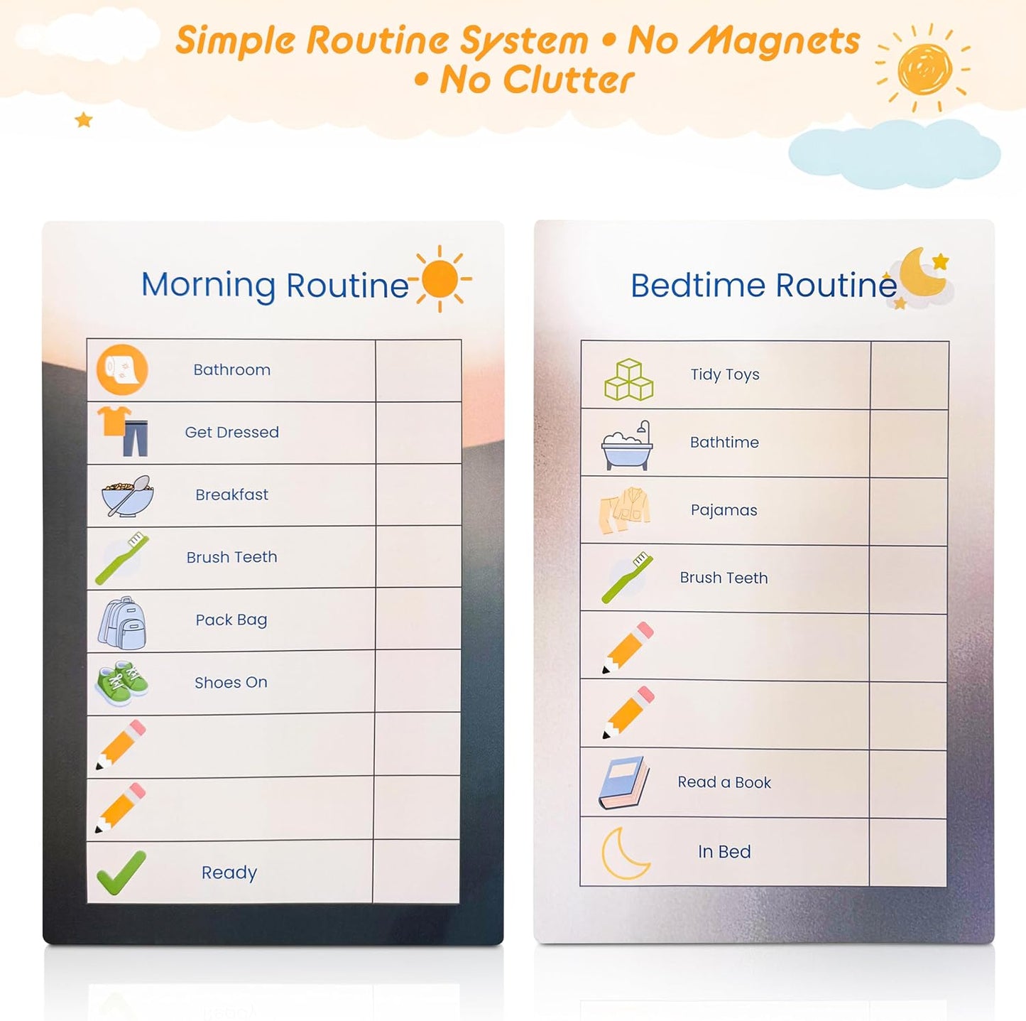 Dry Erase Morning & Bedtime Routine Chart for Kids – 2 Large 11x17in Laminated Chart Set - Simple Routine System, No Magnets or Pieces, Calm, Clutter-Free Daily Routine System