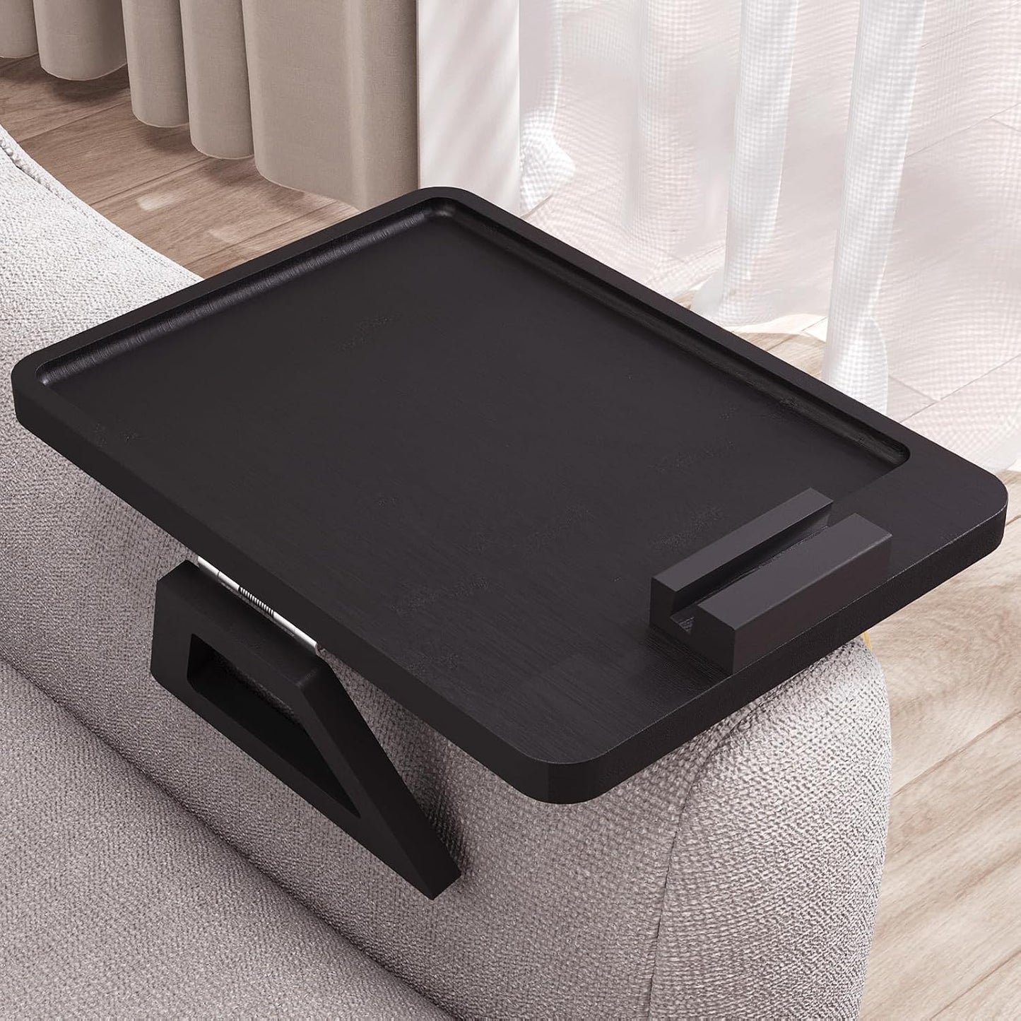 Couch Arm Tray,Bamboo Folding Sofa Tray,Sofa Armrest Trays Clip-On Couch Desk for Drinks,Snacks,Phone,Remote Control（Black）