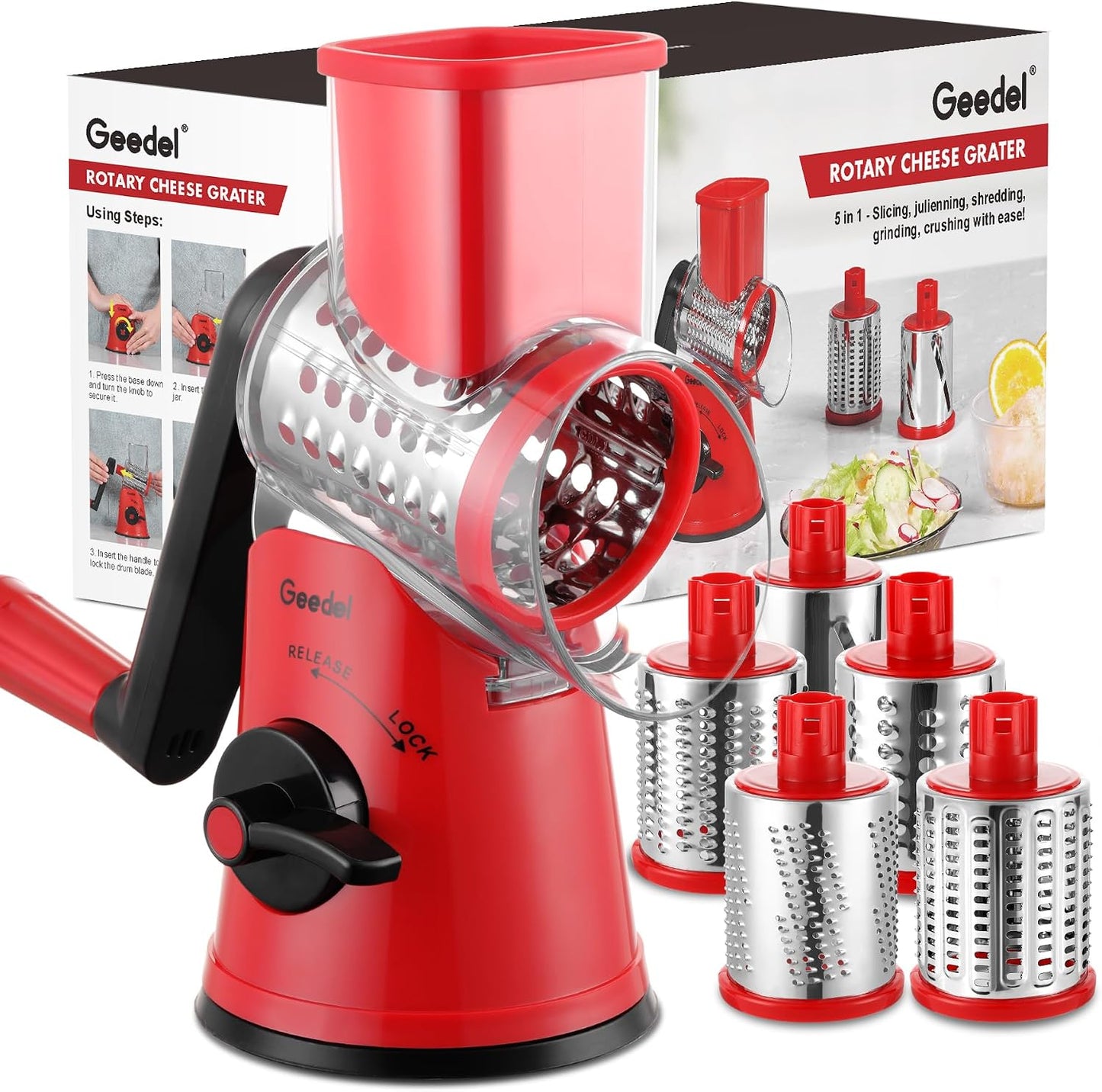 Geedel Rotary Cheese Grater, Kitchen Mandoline Vegetable Slicer with 3 Interchangeable Blades, Easy to Clean Rotary Grater Slicer for Fruit, Vegetables, Nuts | 3 Blades, 430 Stainless Steel, 12x Fast Cutting, Strong Suction Base, No BPA, Dishwasher Safe,
