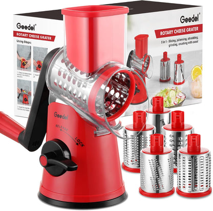 Geedel Rotary Cheese Grater, Kitchen Mandoline Vegetable Slicer with 3 Interchangeable Blades, Easy to Clean Rotary Grater Slicer for Fruit, Vegetables, Nuts | 3 Blades, 430 Stainless Steel, 12x Fast Cutting, Strong Suction Base, No BPA, Dishwasher Safe,