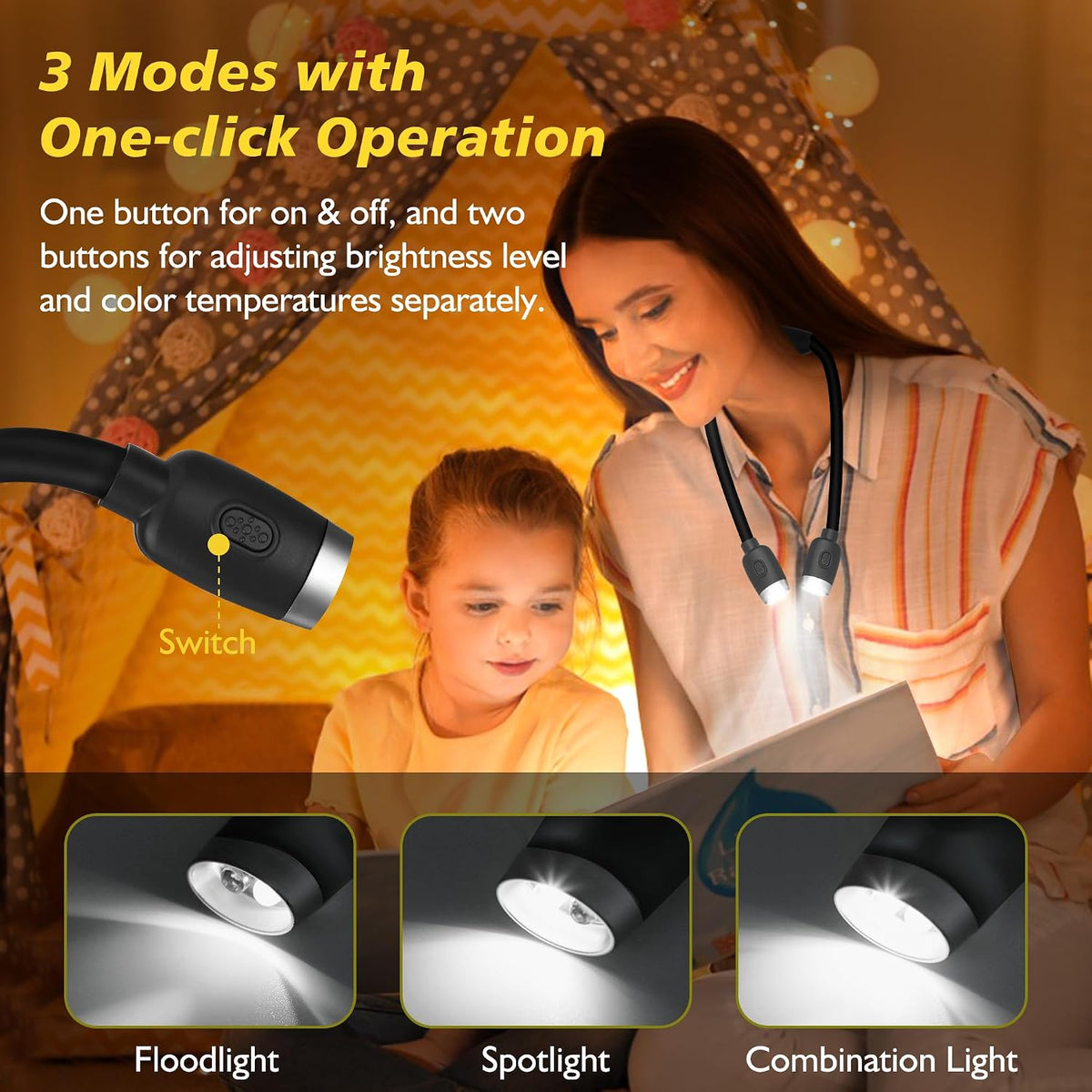 LEDGLE Neck Book Light for Reading Rechargeable,Long Arm,6 Brightness-Black