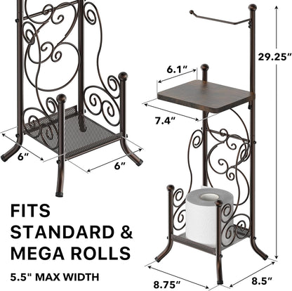 Simple Houseware English Style Toilet Paper Stand Holder w/Woodtop, Bronze | 4 Paper Rolls, 8.5" x 8.75" x 29.2"