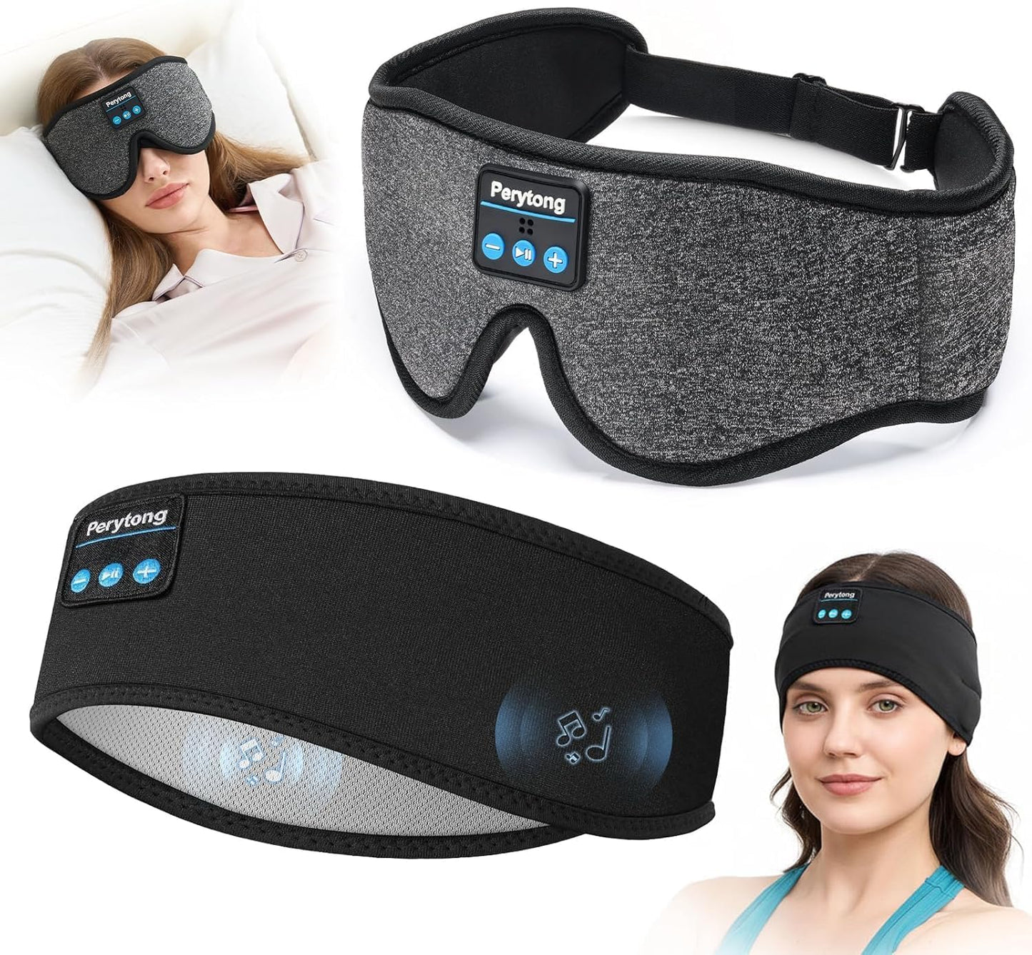 2-Pack Sleep Headphones & 3D Sleep Mask Set, Sleep Headband Headphone & Wireless Eye Mask with Ultra-Thin Speakers for Side Sleepers, Idea for Running, Workout, Insomniac, Travel, Meditation