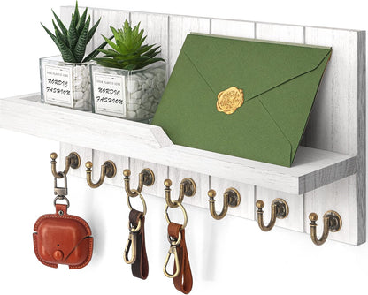 Rebee Vision Key Holder Wall Mount with 5 Key Hooks for Home Decor, Brown | 3.54'' x 10'' x 7.28'', Small Shelf for Display Plant, Key Hangers for Hat, Entryway Space-Saving Storage