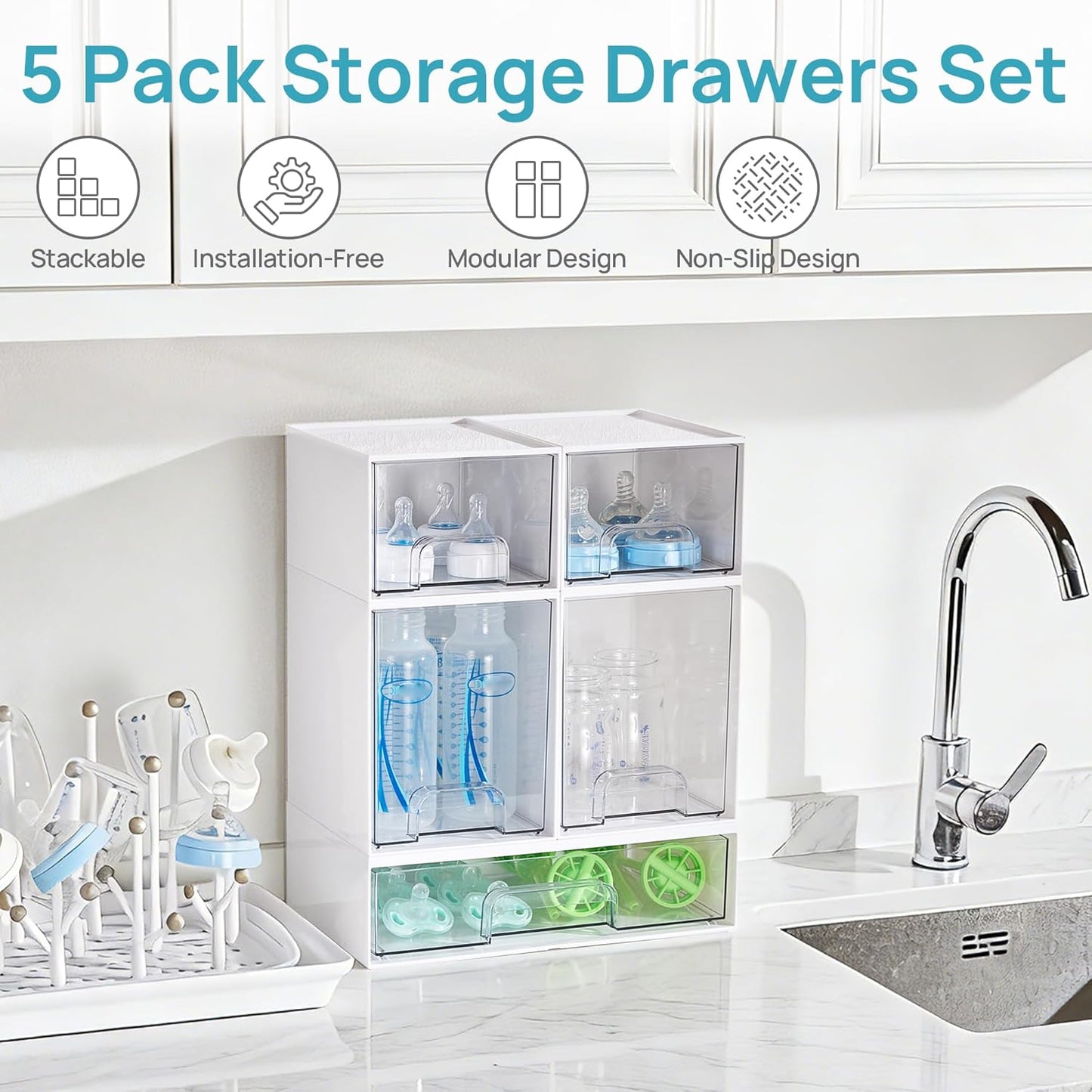 Vtopmart Clear Stackable Storage Drawers Set of 6, Plastic Organizer Bins | Multi-purpose Boxes for Bathroom Accessories Storage, Ideal for Cabinet, Shelf, Pantry, Laundry Room Organization