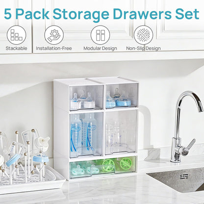Vtopmart Clear Stackable Storage Drawers Set of 6, Plastic Organizer Bins | Multi-purpose Boxes for Bathroom Accessories Storage, Ideal for Cabinet, Shelf, Pantry, Laundry Room Organization
