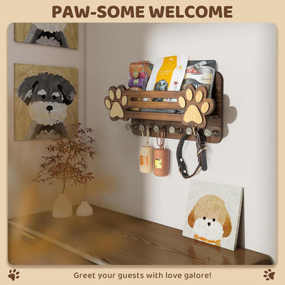 MTERSN Dog Leash Holder for Wall with Wall Shelf for Dog Lover, White | 3D Paw-print Design, Mail Holder for Wall with 6 Hooks for Dog Leash & Sunglasses, Put Dog Food Container, Rustic Home Decor