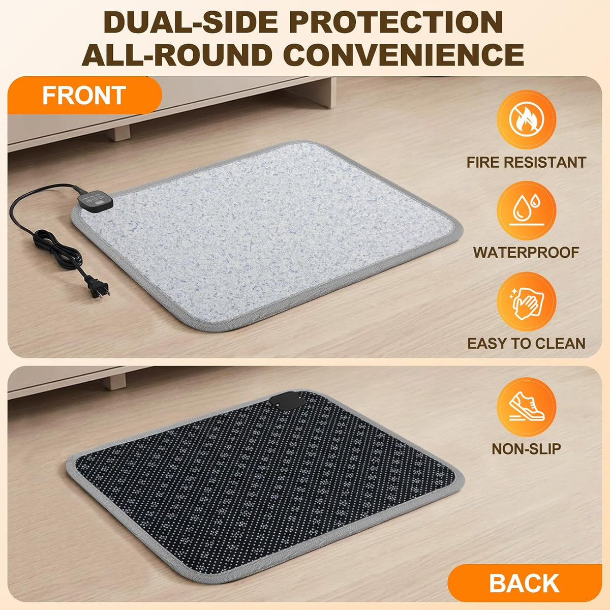 Foot Warmer Under Desk - 15.9x19.9in Heated Floor Mat 110V Adjustable Temperature Electric Heater with Timer for Office Home, Heating Pad for Cold Feet (Brown Wood)