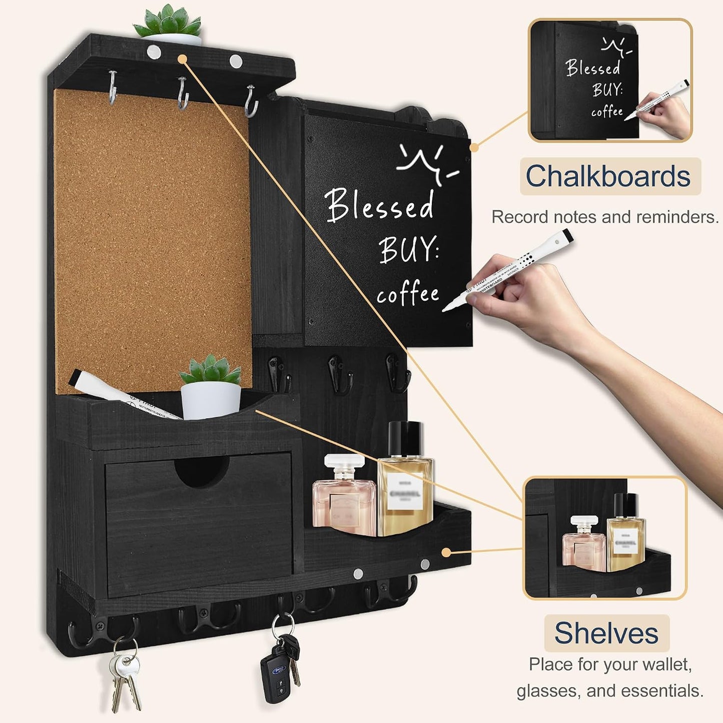 Key Holder for Wall Mount with Shelf and Mail Organizer, Key and Mail Holder with 16 Hooks, Farmhouse Entryway Organizer, Home Decor Rack (Pine Wood, White Washed)