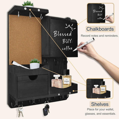 Key Holder for Wall Mount with Shelf and Mail Organizer, Key and Mail Holder with 16 Hooks, Farmhouse Entryway Organizer, Home Decor Rack (Pine Wood, White Washed)