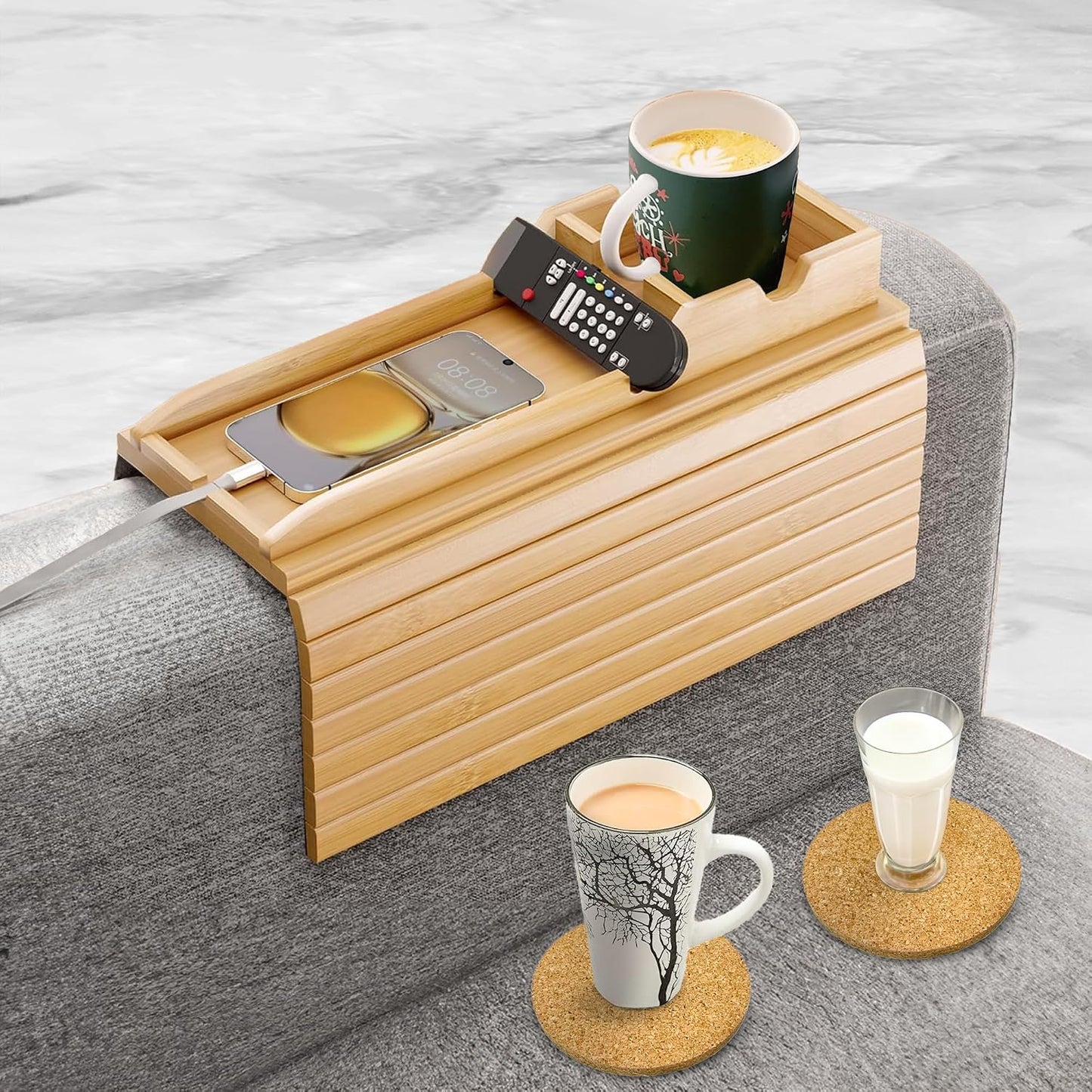 Bamboo Couch Cup Holder, 2 Cork Coasters, Anti-Slip Foldable Couch Arm Tray | 2 in 1 Foldable Sofa Arm Tray, Couch Armrest Table, Anti-Spill Couch Arm Table for Drinks TV Remote Cellphone Snacks