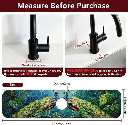 2Pcs Peonies Kitchen Sink Splash Guard Faucet Mat Vintage Florals Faucet Mat For Bathroom Kitchen 5.5x23.6In