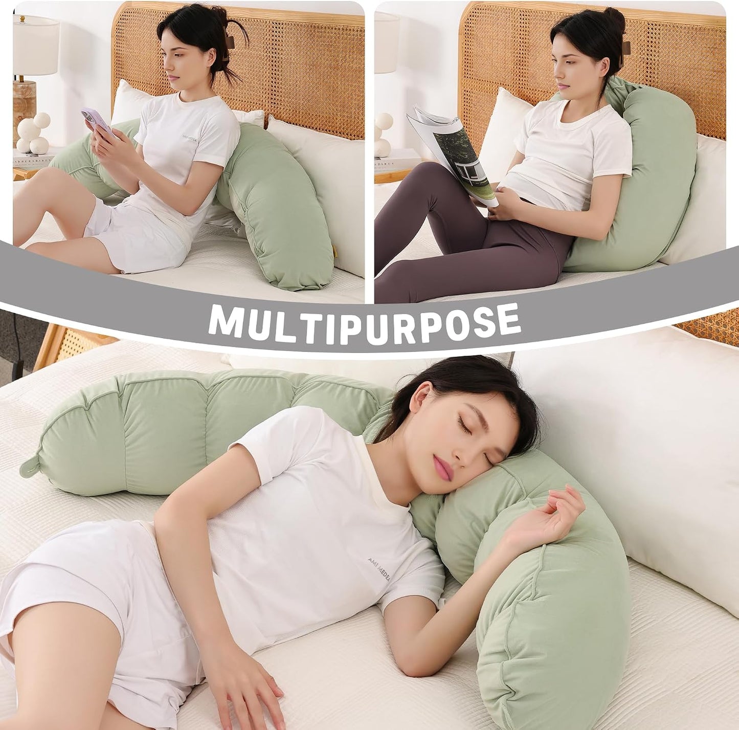 Peallow(Pat. Pend) – Long Round Body Pillow for Adults, Bolster Pillow for Sleeping, Soft and Supportive Pillow for Sleeping & Lumbar Support (Green-White, 29.5")