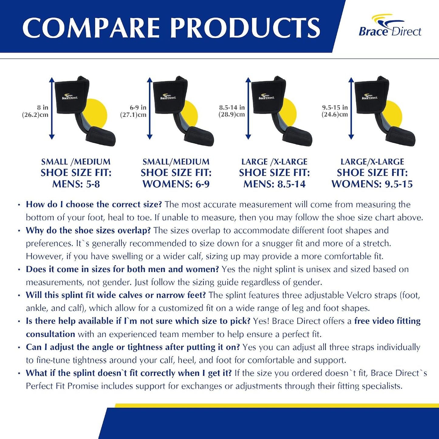 Brace Direct Dorsal Night Splint - Plantar Fasciitis, Achilles & Drop Foot | Adjustable sleeping splint that eases heel & arch pain & posterior tibial tendonitis with a gentle plantar fascia stretch