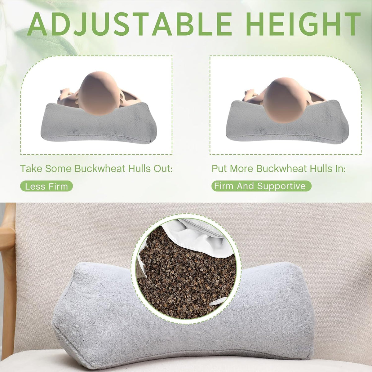 DoubleFill 2 Pcs Buckwheat Neck Pillow Adjustable, Gray, Plush