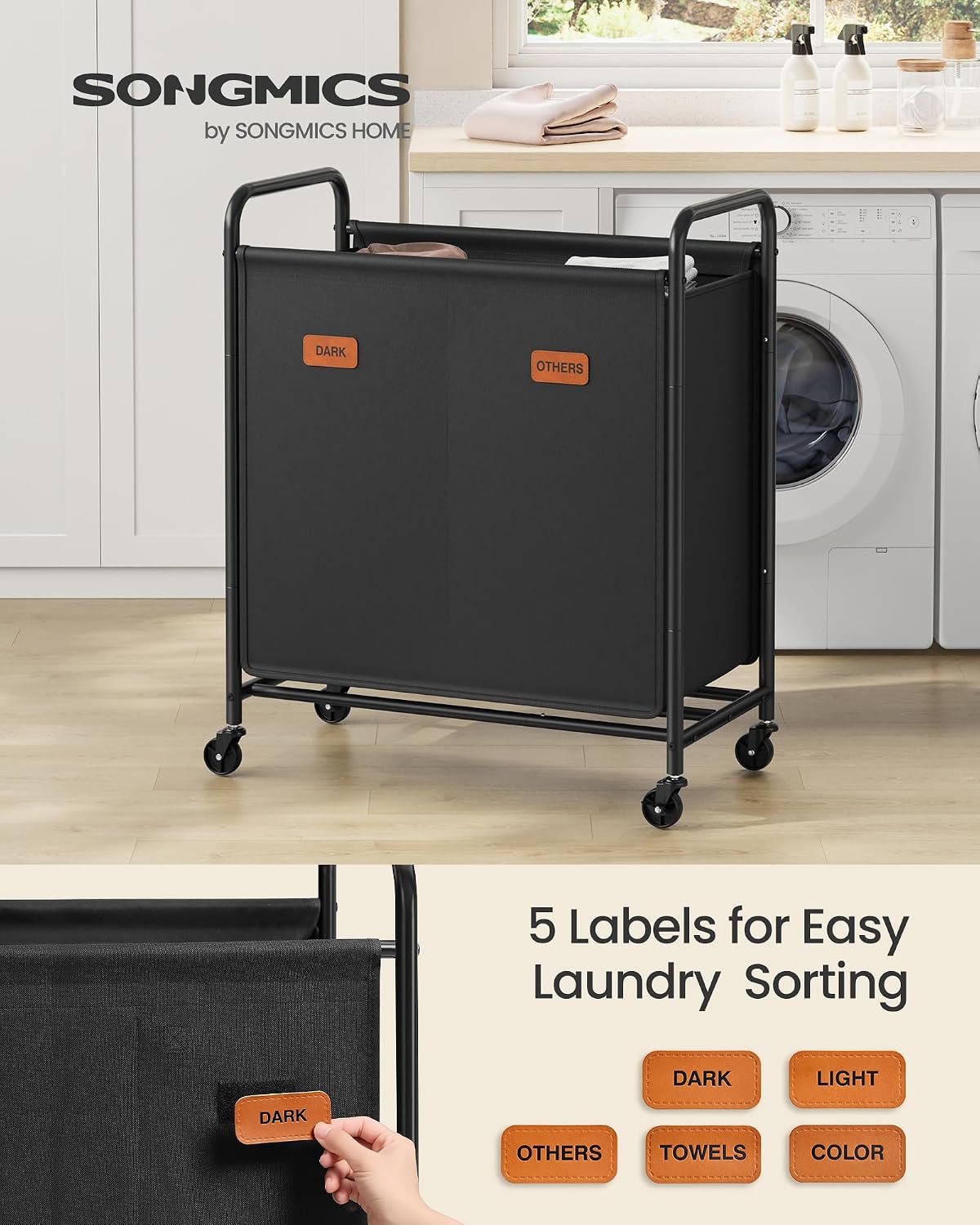SONGMICS 2-Section Laundry Sorter, Laundry Hamper with Wheels, Rolling Clothes Hamper Cart with Large Capacity and Removable Bags, for Laundry Room, Bedroom, Bathroom, Ink Black URLS210B01 | Rolling Clothes Hamper Cart, Large Capacity, for Laundry Room,