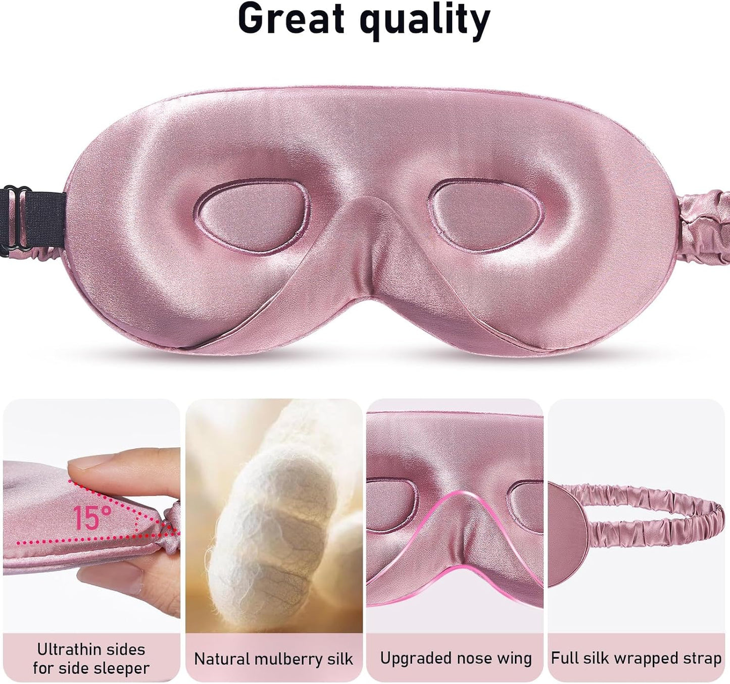 LitBear 100% 22 Momme Mulberry Silk Sleep Mask - 3D Contoured Eye Mask for Men & Women, Soft Breathable Sleeping Mask with Adjustable Strap, Perfect Blocks Light for Sleeping (Black)