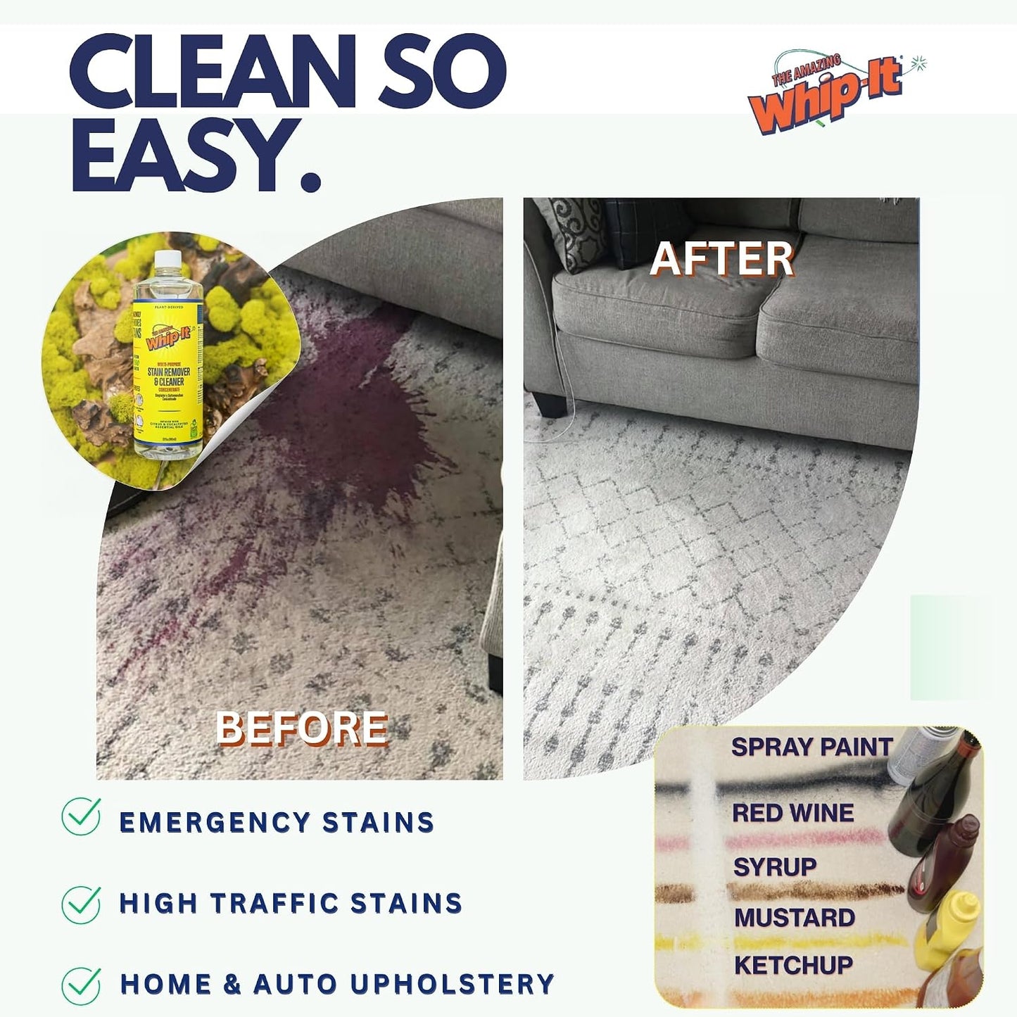 Whip It Cleaner, Multi Purpose Stain Remover Professional Strength Spray, Plant Based Enzyme Cleaner, Cleaning Food, Coffee, Wine, Baby Stains, Pet Stains, Over 500 uses, Made in USA, 32 OZ