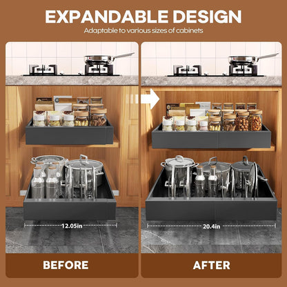 Seinloes 2Pack Expandable Pull Out Cabinet Organizer 21"Deep With Raising Pad for Framed Cabinets, Upgrade 3 Slide Rails Slide Out Drawers, Roll Out Shelves Adhesive,Adjustable Width 12.05"-20.4"White