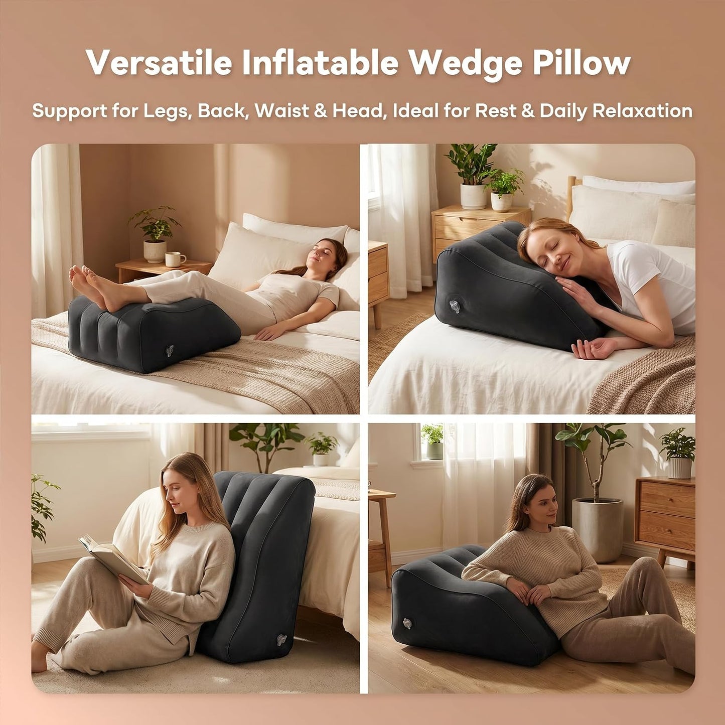 Inflatable Leg Elevation Pillow for Sleeping, Blood Circulation | Ergonomic Wedge Pillow for Swelling, Portable Travel Leg Rest Cushion, Black