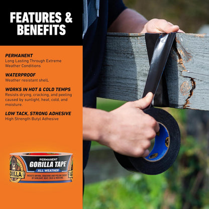 GORILLA All Weather Duct Tape, Black, 1.88" x 25 yd | UV and Temperature Resistant, Waterproof for Outdoor Repairs, Strong Adhesive Grip
