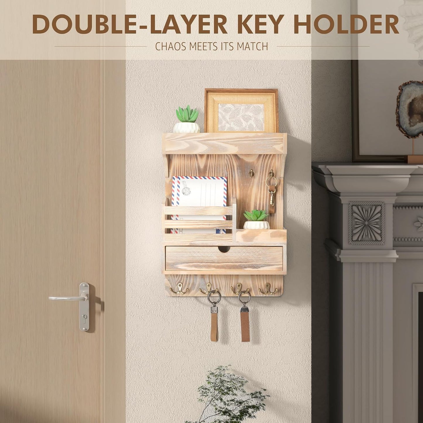 Rebee Vision Key Holder Wall Mount with Drawer Organizer for Entryway,Brown | Pine Wood, 6 Key Hooks, Display Shelf for Plants, Mail Slot for Storage Letter, Multi-Funtional Design, Home Storage