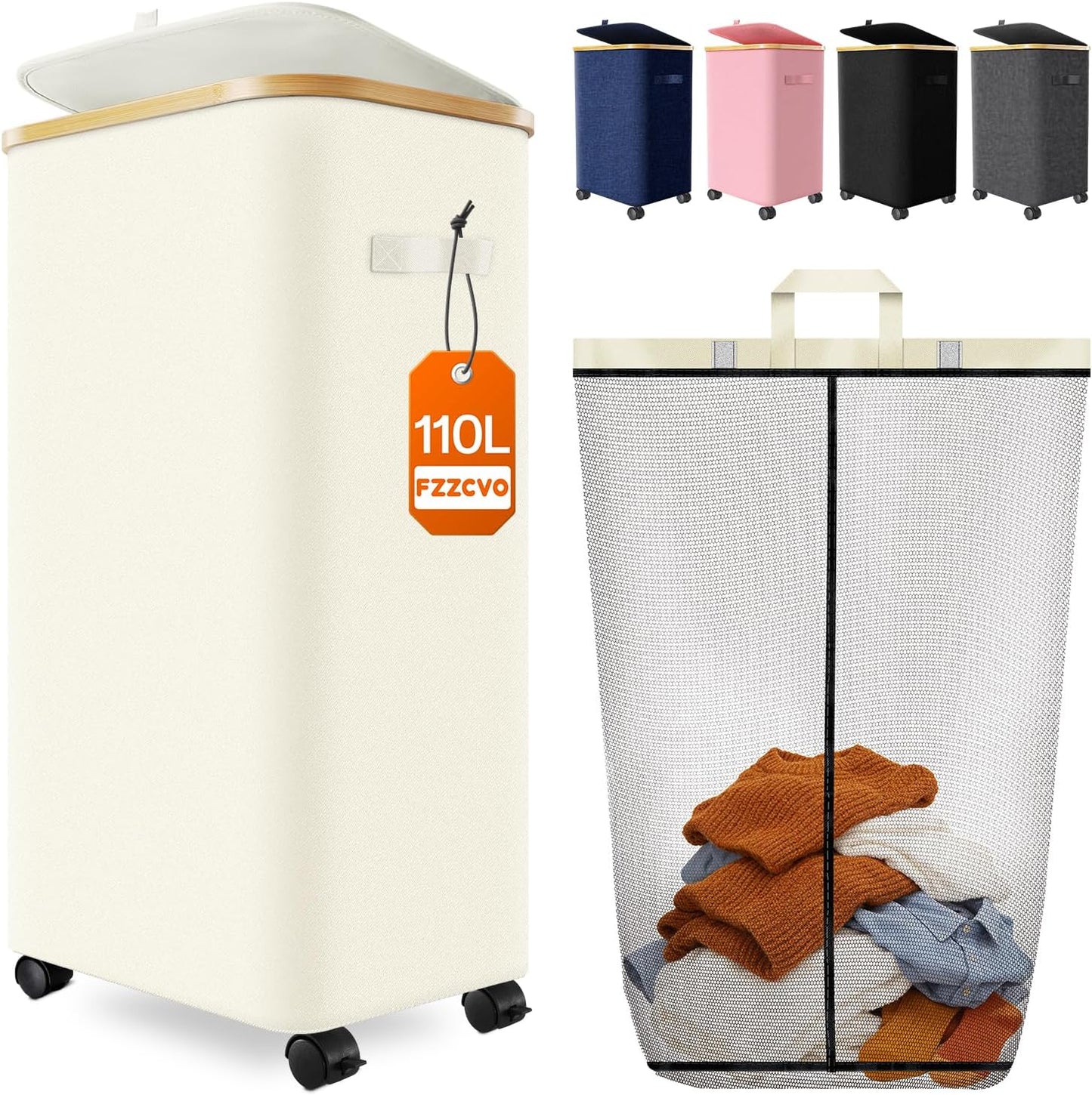 Double Laundry Basket with Wheels and Lid, 150L Clothes Hampers for Laundry | Large Laundry Hamper with 2 Sections & Removable Liner Bags, Rolling Dirty Clothes Basket for Bedroom Bathroom Dorm College