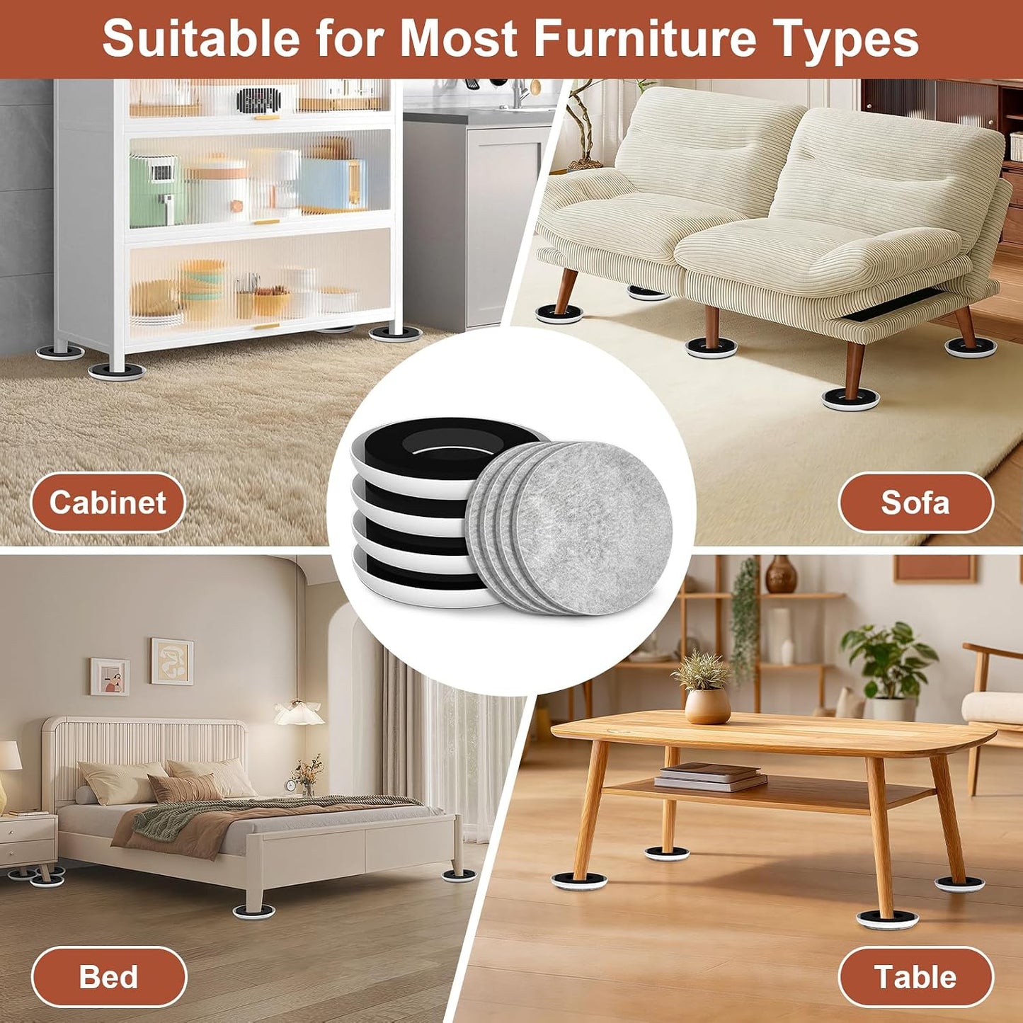 Furniture Sliders for Hardwood Floors and Carpets - Multi-Surface Furniture Movers Sliders with 4PCS 4.3" Carpet Sliders + 4PCS Self-Adhesive Felt Pads - Protect Floor and Easily Move Furniture