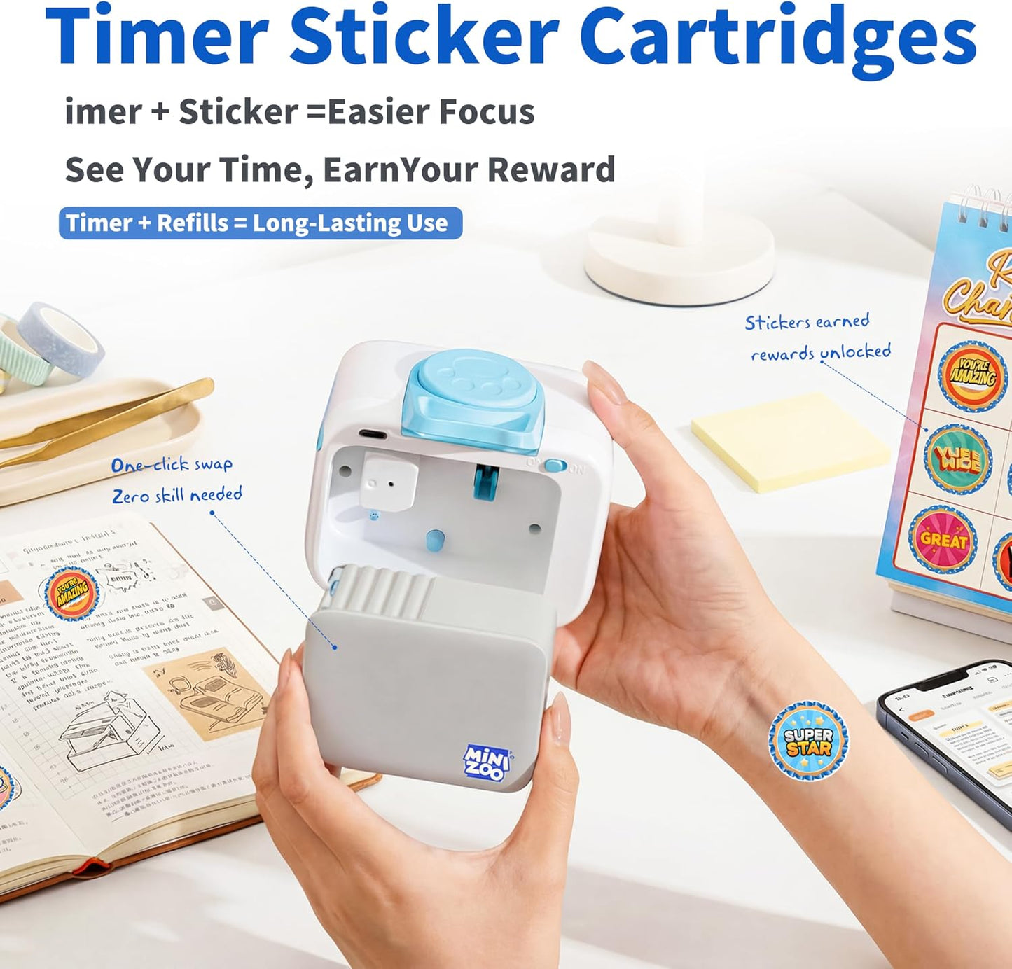 Refill Kit for Minizoo Sticker Timer, 2 Cartridges with 400 Stickers and 2 Reward Chart Pads, 400 pcs Medal Stickers and 48 Pages Charts for ADHD Focus, Classroom & Home Study Tool