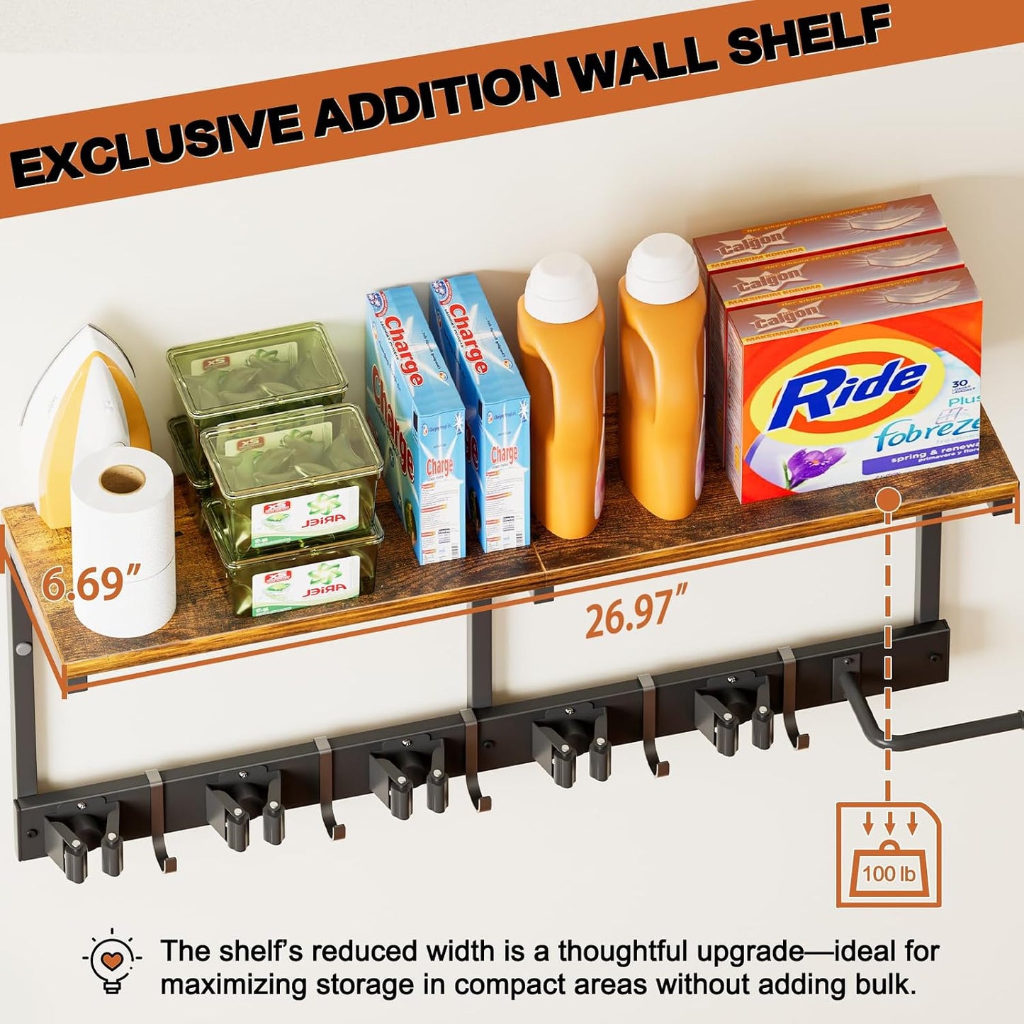 Broom Holder Wall Mount with Cleaning Supplies Organizer, Laundry Room Organization and Storage Shelves with Mop Hanger Rack Gripper Hooks, Utility Shelf Closet Organizer for Home Garage Kitchen