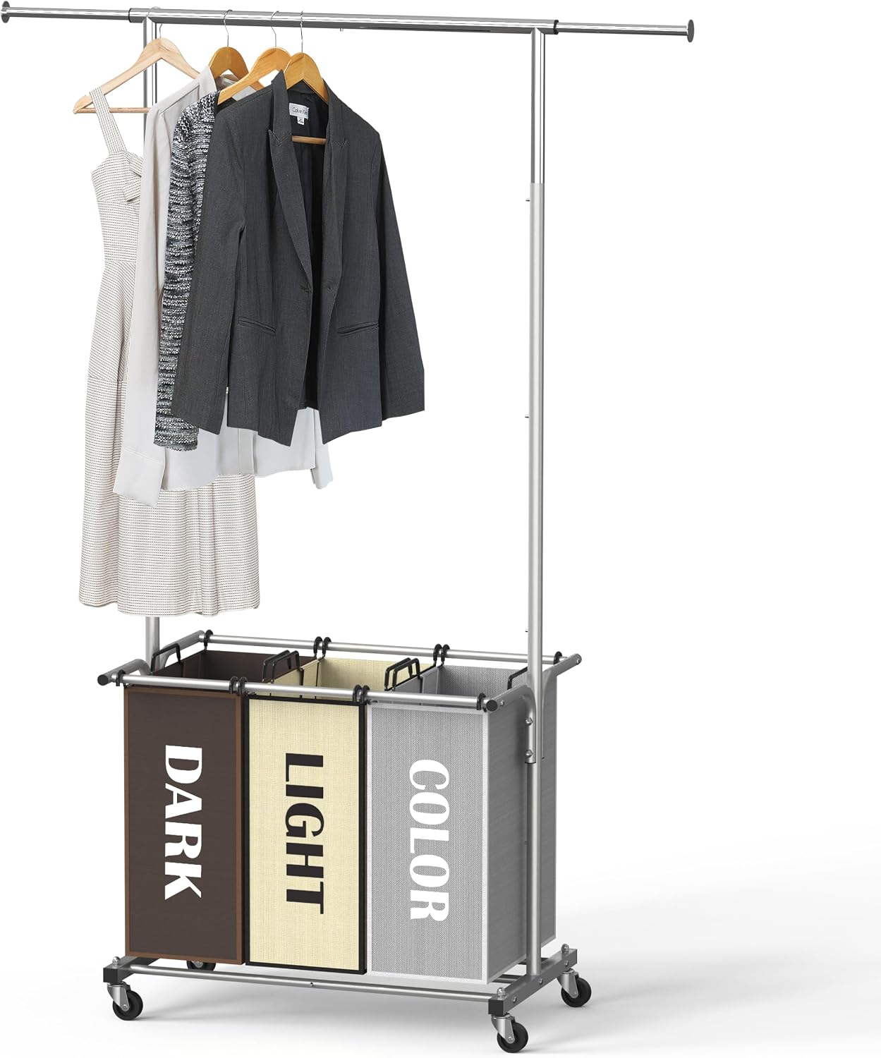 Simple Houseware Laundry Sorter Cart with Hanging Rod, Silver | Extendable Width from 30.25 to 49.25", Removable 3-Section Laundry Basket