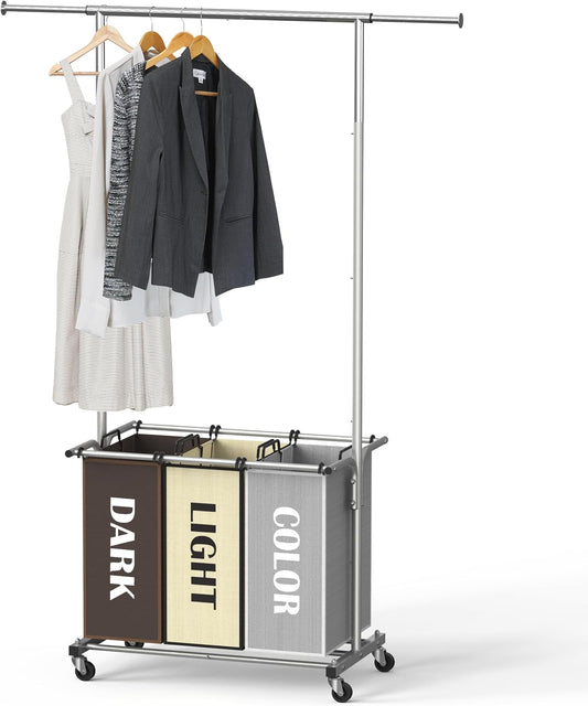 Simple Houseware Laundry Sorter Cart with Hanging Rod, Silver | Extendable Width from 30.25 to 49.25", Removable 3-Section Laundry Basket